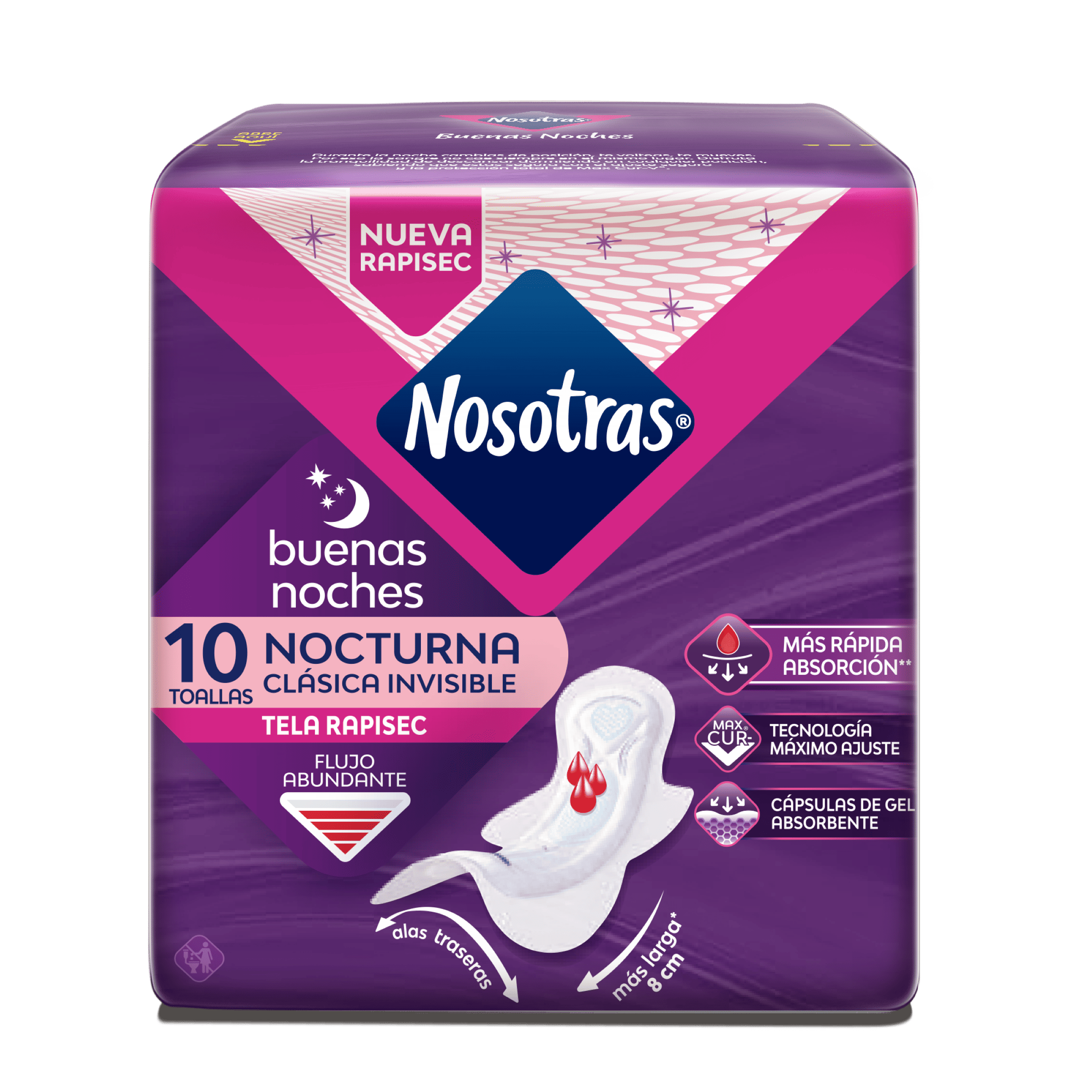 TOALLAS HIGIENICAS NOSOTRAS BUENAS NOCHES NOCTURNA CLASICA INVISIBLE TELA RAPISEC