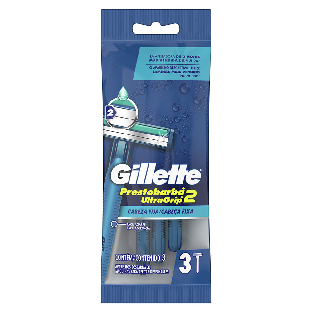 Cuchilla de Afeitar Desechable Gillette Prestobarba ULTRAGRIP2 3 Cuchillas para Hombre con 2 Hojas y Cabeza Fija para Rasurar