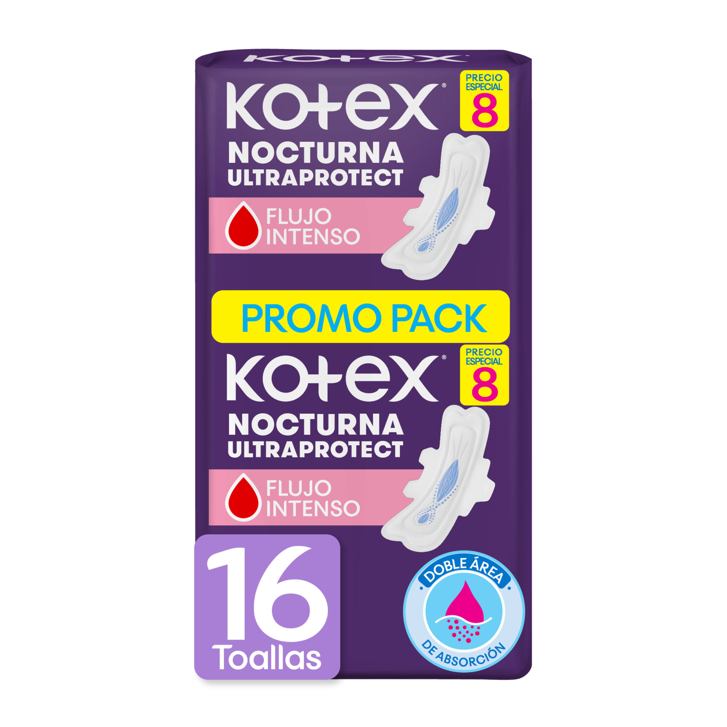 TOALLAS HIGIENICAS KOTEX NOCTURNA CON ALAS 2 PACK X 8