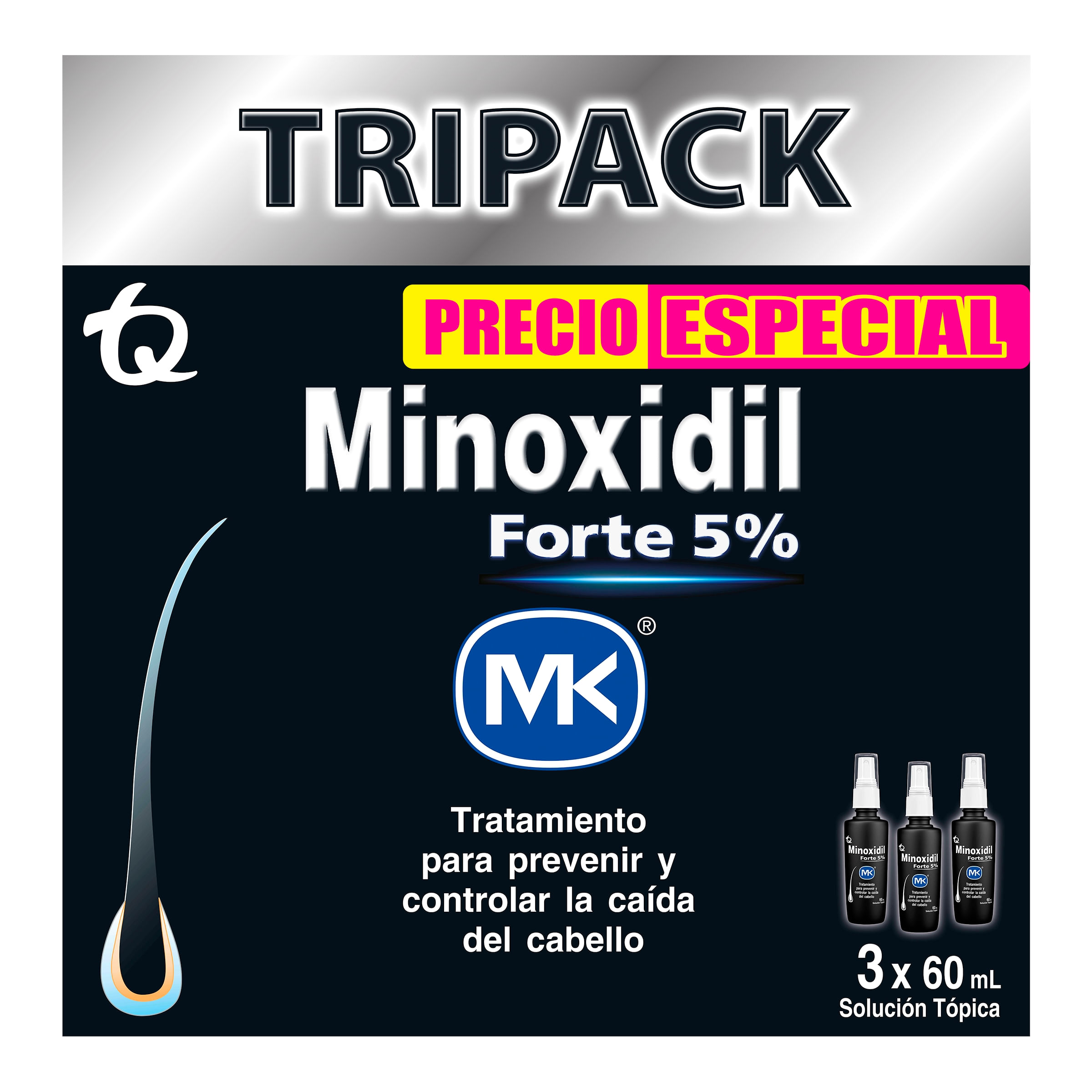 TRIPACK MINOXIDIL FORTE 5% MK PRECIO ESPECIAL